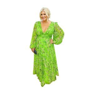 NWOT 56013 Ieena MAC DUGGAL Green Floral Puff Sleeve Floral Chiffon Gown Size 16